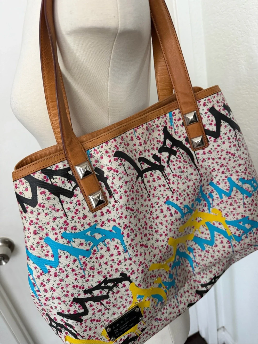 L.A.M.B. Floral Graffiti Canvas Tote with Tan Handles - Picture 3 of 9